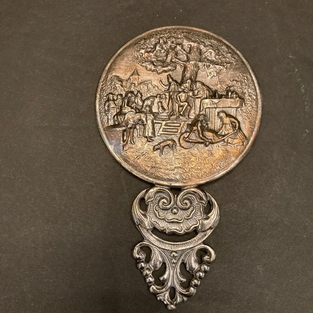 Hans Jensen‎ Denmark Silver Plated Hand Mirror Healer Scene Repousse